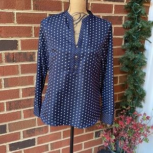 Navy blue and white polkadot blouse